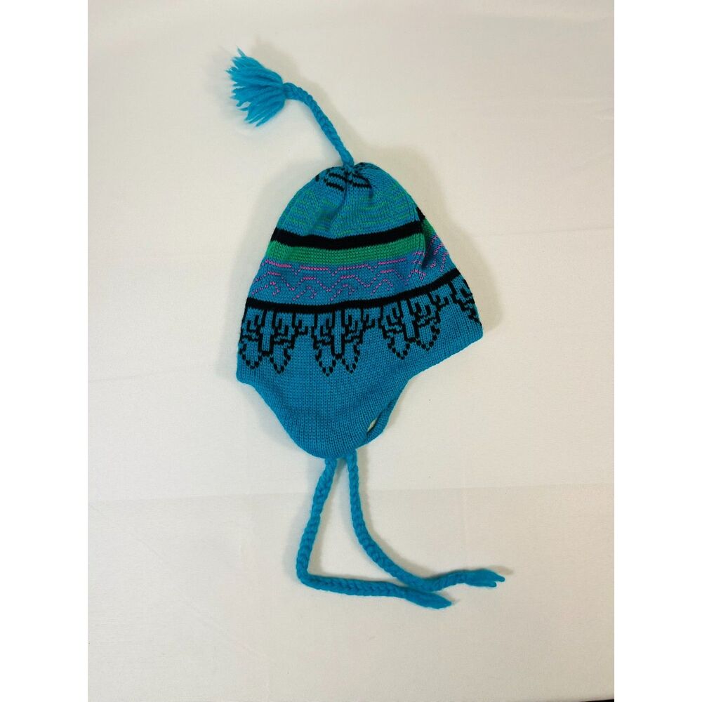 Vintage Smiley 100% Wool Blue Mountain Ear Flap Toque Beanie Tassels 1990s